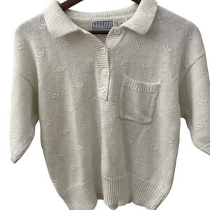 Cream Knit Polo Sweater Textured Leaf Pattern  Cottagecore GrandmaCore Petit Lg